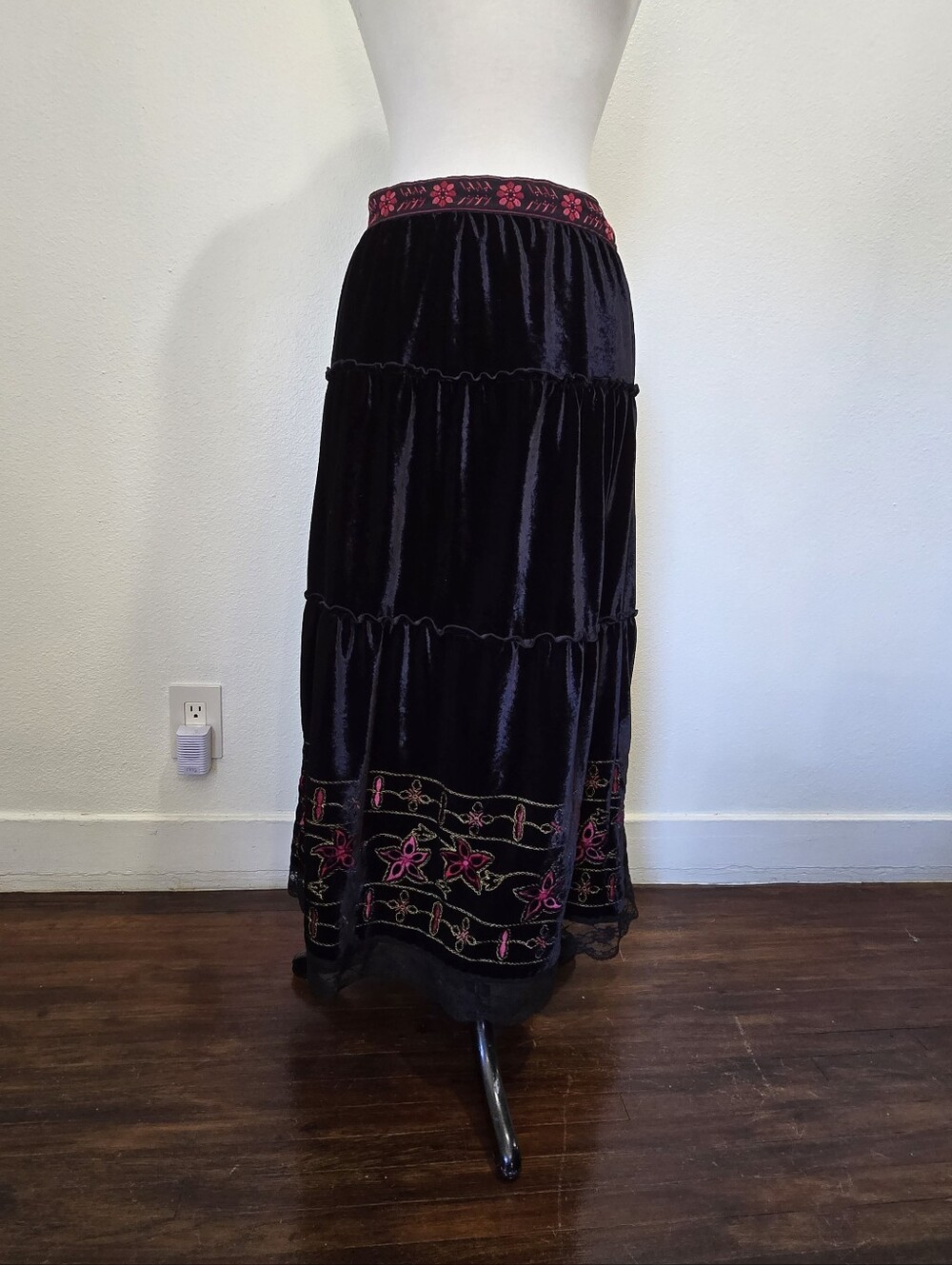 Velvet Tiered Maxi Skirt with Pink Embroidered Hem